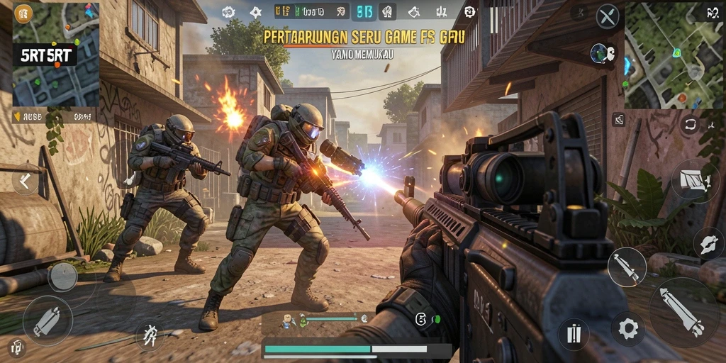 Tampilan aksion seru dalam gameplay FPS 5RT yang mendebarkan.
