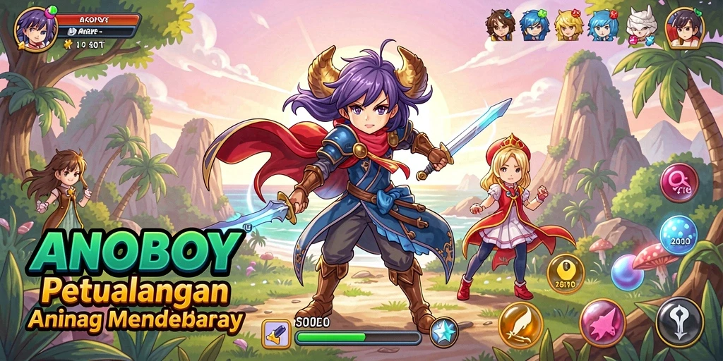 Tampilan gameplay ANOBOY yang penuh aksi dan karakter Anime.