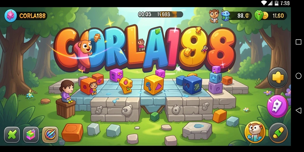 Tampilan gameplay menantang dalam CORLA188 dengan teka-teki yang berwarna-warni.