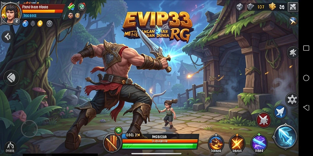 Tampilan screenshot utama EVIP3 yang menunjukkan aksi pertarungan RPG yang mendebarkan.