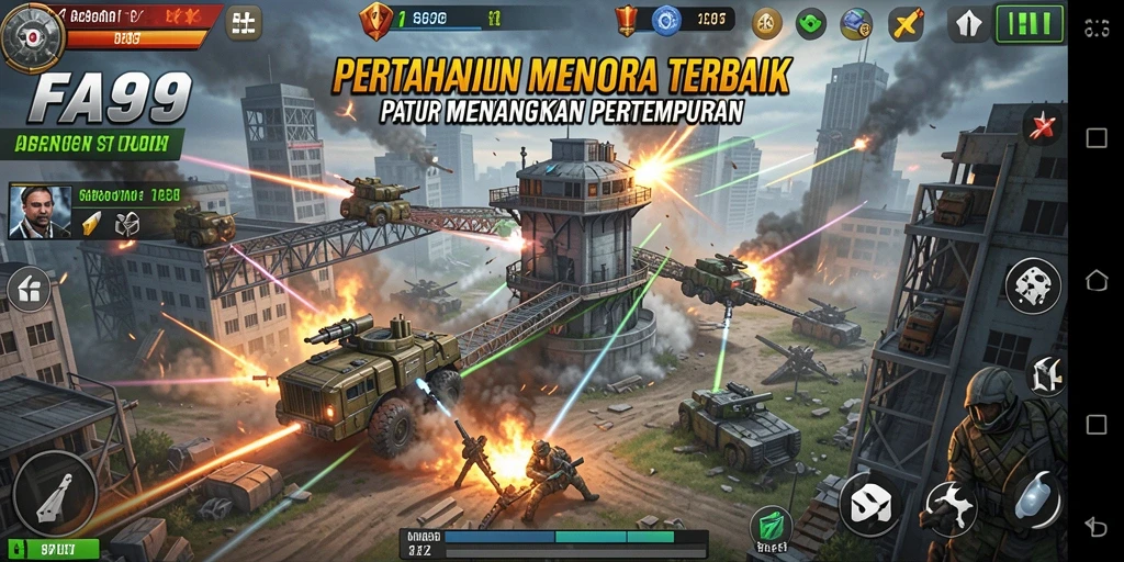 Gameplay seru dalam FA99 menunjukkan strategi Tower Defense yang menantang.