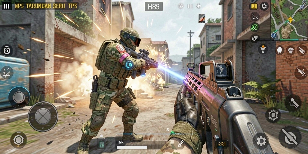 Screenshot gameplay H89 dengan aksi menembak yang mendebarkan.