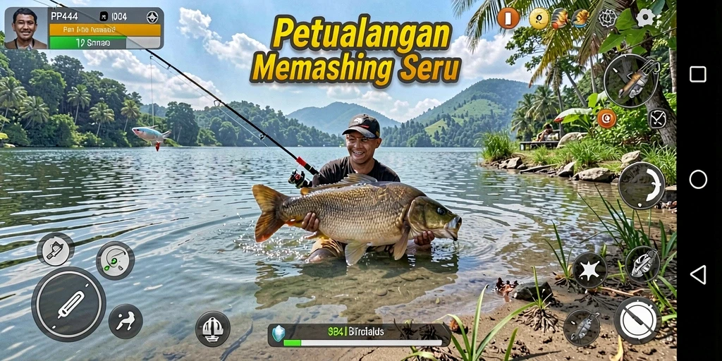 Screenshot permainan PP444 yang menunjukkan aksi memancing seru di lautan.