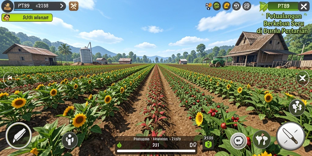 Screenshot gameplay PT89 menampilkan kebun yang cerah dan penuh warna.