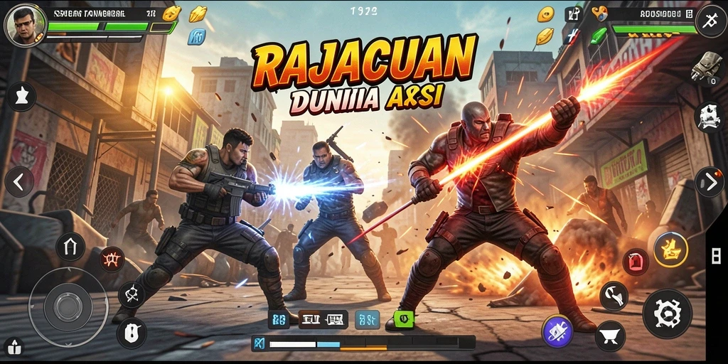 Screenshot utama RAJACUAN menunjukkan intensitas aksi pertempuran.