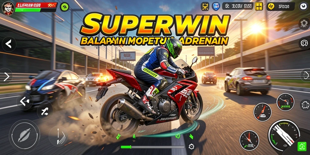 Screenshot utama SUPERWIN menunjukkan aksi balapan yang mendebarkan di lintasan.