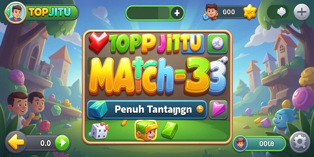 Menampilkan gameplay seru dalam game Match-3 yang penuh warna.